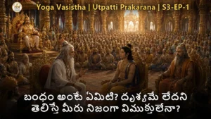 వశిష్ఠ మహర్షి శ్రీరామచంద్రుడికి బంధం మరియు దృశ్యం గురించి బోధిస్తున్న దృశ్యం