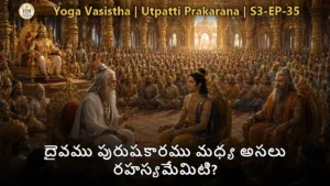 వశిష్ఠ మహర్షి శ్రీరామునికి దైవము మరియు పురుషకార రహస్యాన్ని బోధిస్తున్న దృశ్యం