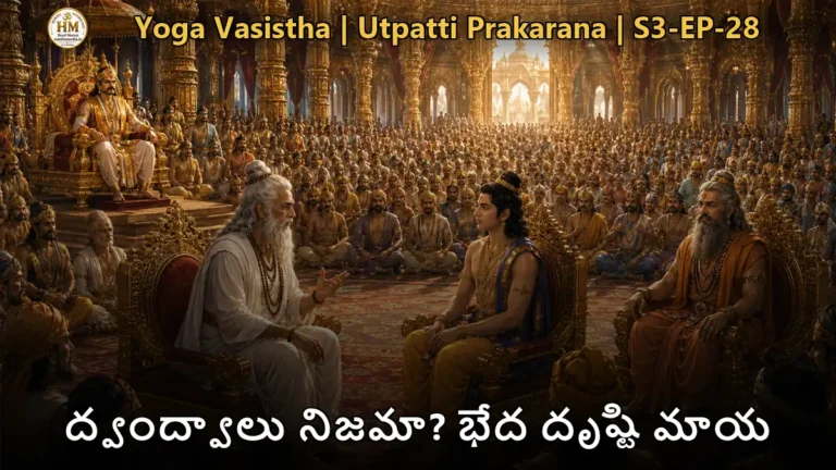 సరస్వతీ దేవి లీలాదేవికి ద్వంద్వాల మాయ మరియు శుద్ధ చైతన్యం గురించి బోధిస్తున్న దృశ్యం