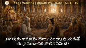 వసిష్ఠ మహర్షి శ్రీరామునికి జగత్తు మిథ్యాత్వం గురించి బోధిస్తున్న దృశ్యం, యోగవాశిష్టం సభామండపం
