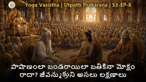 వశిష్ఠ మహర్షి శ్రీరామునికి జీవన్ముక్తి, విదేహముక్తి లక్షణాలు బోధిస్తున్న దృశ్యం