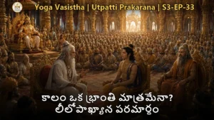 యోగవాశిష్టం లీలోపాఖ్యానం సమీక్షలో వశిష్ఠ మహర్షి శ్రీరామునికి కాలం మరియు బ్రహ్మ తత్వాన్ని బోధిస్తున్న దృశ్యం