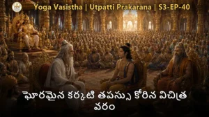 హిమాలయ పర్వతంపై కర్కటి రాక్షసి బ్రహ్మదేవుని కోసం చేసిన ఘోర తపస్సు దృశ్యం
