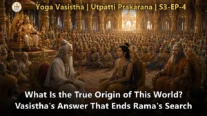 Sage Vasistha teaching young Rama about the origin of the world in the royal court of Ayodhya