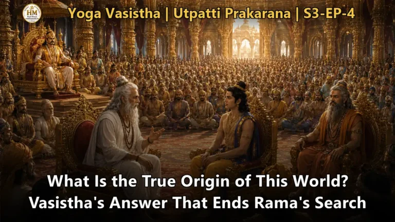 Sage Vasistha teaching young Rama about the origin of the world in the royal court of Ayodhya