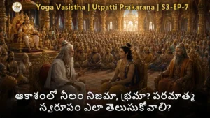 వశిష్ఠ మహర్షి శ్రీరామునికి పరమాత్మ స్వరూపం గురించి బోధిస్తున్న దృశ్యం, ఆకాశం నేపథ్యంలో