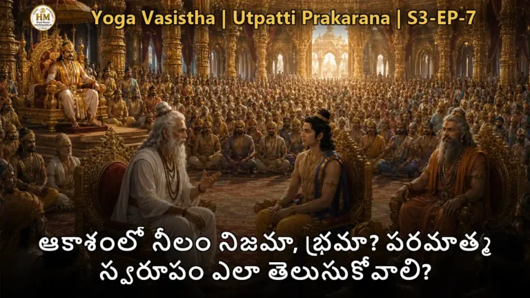 వశిష్ఠ మహర్షి శ్రీరామునికి పరమాత్మ స్వరూపం గురించి బోధిస్తున్న దృశ్యం, ఆకాశం నేపథ్యంలో