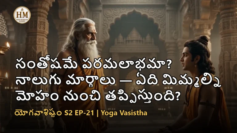 వశిష్ఠ మహర్షి శ్రీరాముడికి సంతోషం శాంతం విచారణ సాధు సంగం అనే నాలుగు సాధనా మార్గాలు బోధిస్తున్న దృశ్యం