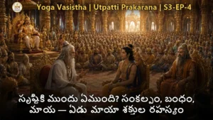 వశిష్ఠ మహర్షి శ్రీరామునికి జగత్తు పుట్టుక గురించి బోధిస్తున్న దృశ్యం, యోగవాశిష్టం సభామందిరం
