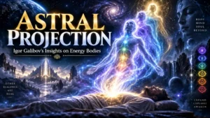 Astral projection showing a glowing energy body rising from the physical body, surrounded by chakras and cosmic light — ఆస్ట్రల్ ప్రొజెక్షన్, శక్తి శరీరం, చక్రాలు, విశ్వ కాంతి.