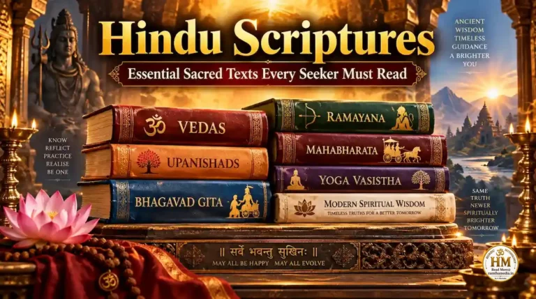 Essential Hindu scriptures including the Vedas, Upanishads, Bhagavad Gita, Ramayana, Mahabharata and Yoga Vasistha displayed in a sacred spiritual setting.