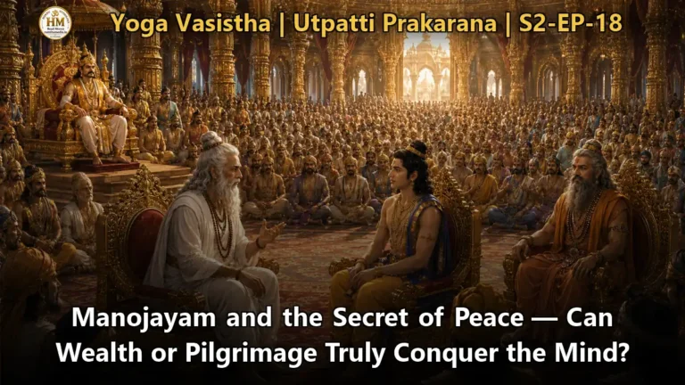 Sage Vasistha instructing Sri Rama on Manojayam and Shamam in the royal court - Yoga Vasistha